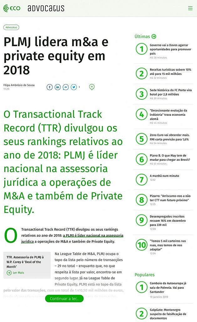 PLMJ lidera m&a e private equity em 2018
